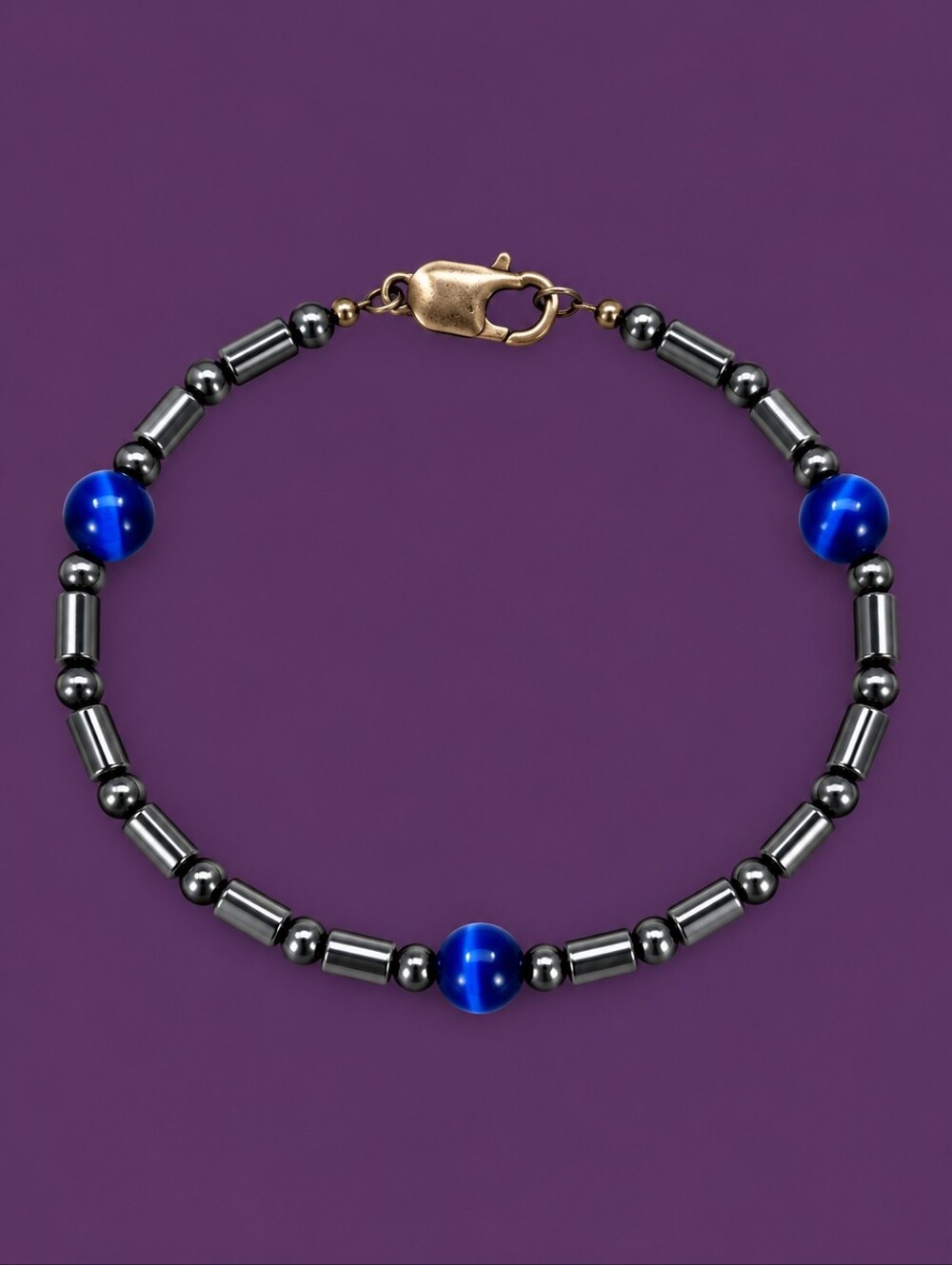 HANDMADE Blue Tiger Eye and Gunmetal Hematite Beaded Bracelet